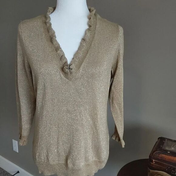 Chaps Classics Sweater-Gold Lurex Glitter Sz L - Picture 2 of 8